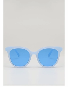 Detail of light blue square sunglasses with transparent frames and dark blue lenses