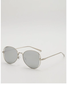 Detail of silver metal round frame sunglasses with reflective mirrored lenses
