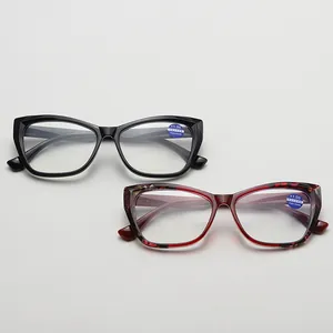 Close-up of cat-eye reading glasses showing black and tortoiseshell frames with degree labels