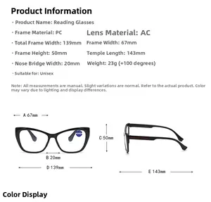 Detailed size chart for unisex reading glasses showing PC frame and AC lens dimensions