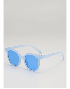 Detailed close-up of blue square frame sunglasses with thick temples and integrated nose pads