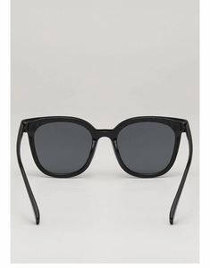 Detail of square black frame sunglasses with dark lenses and minimalist design
