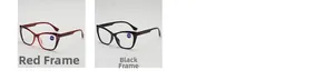 Cat-eye reading glasses detail showing red tortoise and black frames with blue light filters