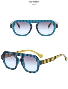 Détails de lunettes aviateur vintage avec monture bleue rayée et verres dégradés bleu-gris