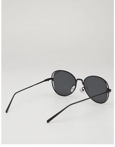Detail of round black metal sunglasses showing the slim frame and clear nose pads