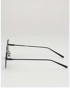 Detailed side view of slim black metal frame sunglasses showing hinge and temple specs