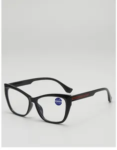 Close-up of cat-eye reading glasses with red side stripe and blue +1.00 strength label