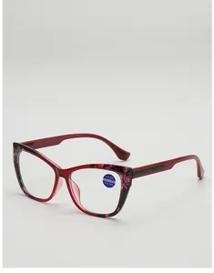 Macro view of cat-eye reading glasses with red floral pattern and +1.00 blue light filter