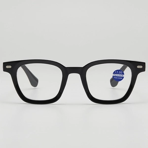 Classic black full-frame reading glasses with anti-blue light lenses and metal rivets