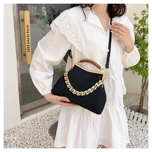 Retro black crossbody bag with wooden handle and chunky gold chain strap decoration