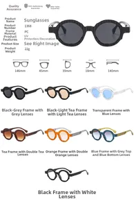 Size chart showing large frame sunglasses dimensions and seven distinct color options