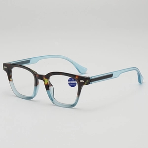 Retro square reading glasses with blue light blocking lenses and tortoise blue frame