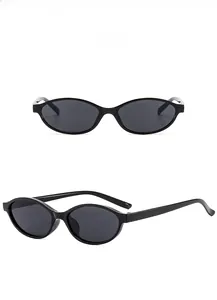 Detail view of oval retro sunglasses with black frames and gray lenses from two angles