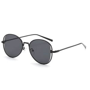 Vintage round black metal sunglasses with dark grey lenses and slim frame structure