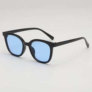 Retro square sunglasses with thick black frames and ocean blue lenses shown in a 45-degree angle