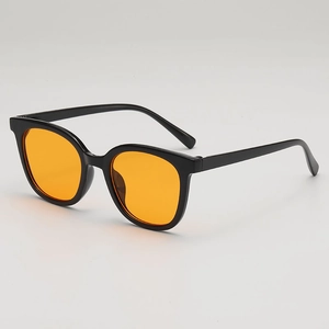 Modern rectangular sunglasses with black frames and vibrant orange ocean-tone lenses
