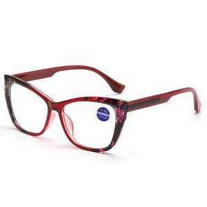 Fashionable deep red cat-eye reading glasses for women with anti-blue light lenses