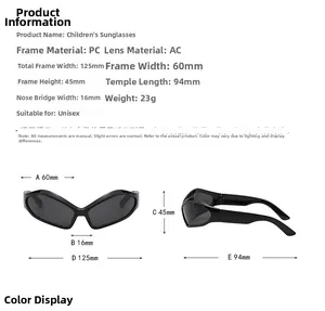 Detailed size chart for vintage retro kids sunglasses with precise frame dimensions