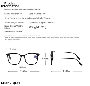 Size chart for oversized blue light reading glasses with frame dimensions and specifications