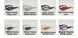 Detail view of eight vintage Y2K sports sunglasses for kids in various frame and lens colors