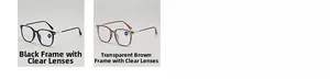 Detail view of black and transparent tea square frames with clear anti-blue light lenses