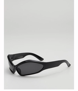 Close-up of black retro Y2K wrap-around kids sunglasses with UV protection lenses