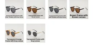 Detailansicht von sechs Farbvarianten der runden Retro-Sonnenbrille mit Metallbügeln