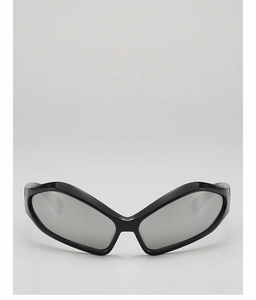 Front view of black bat-shaped children's sunglasses with futuristic butterfly frames