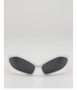 Detailed close-up of retro avant-garde white winged sunglasses for kids with dark lenses