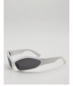 Detail of white retro wrap-around kids sunglasses with UV protective lenses and thick frame
