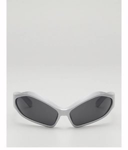 Detail of matte silver futuristic butterfly wrap sunglasses with dark lenses for kids