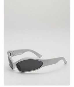 Detail of kids silver wraparound sunglasses with metallic finish and dark lenses