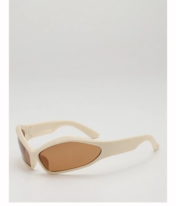 Detail of futuristic off-white wrap-around kids sunglasses with brown lenses and thick frames