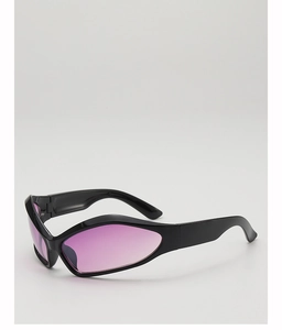 Close-up of kids futuristic sports sunglasses with black thick frame and purple gradient lenses