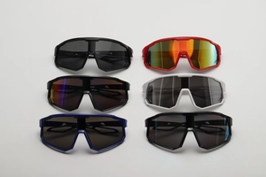 Collection of colorful kids sports cycling sunglasses with oversized wraparound lenses