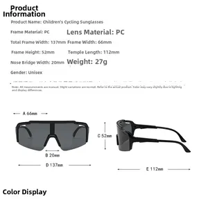 Detailed size specifications for black kids cycling sunglasses showing frame dimensions