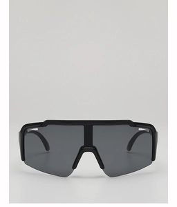 Front view of kids cycling sunglasses with black matte frame and wide grey lenses