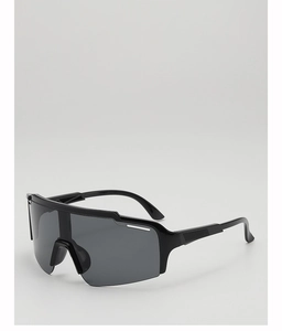Detail of black sports cycling sunglasses with dark grey wrap lens and silver trim
