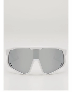 Front view of white sports sunglasses with oversized silver mirrored lenses for kids