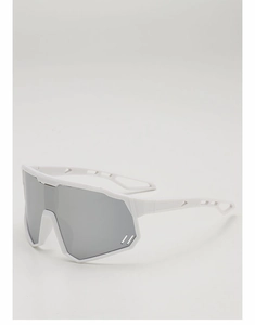 Detail of white cycling glasses with large silver reflective lenses and ventilated temples