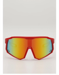 Detail of red sports sunglasses with oversized iridescent lens and side guard design