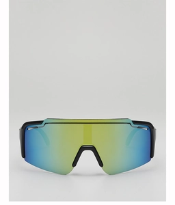 Detail of kids cycling glasses with colorful gradient mirror lens and matte black frame
