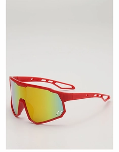 Detail of red sports cycling sunglasses with aerodynamic temples and yellow reflective lens