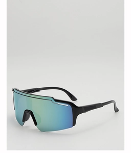 Detail of kids sports sunglasses showing oversized colorful mirrored lens and black frame