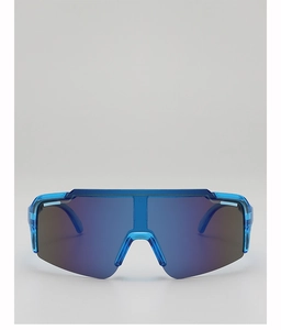 Front view of kids cycling sports sunglasses with blue wrap-around lenses and transparent frames