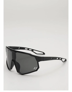 Detail of black sports sunglasses featuring ventilated temples and oversized wrap lens