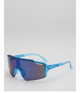 Close-up of translucent royal blue kids cycling glasses with purple mirrored lenses