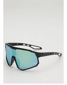 Close-up of kids sports sunglasses with green iridescent lens and black frame