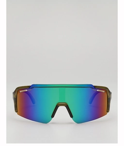 Front view of kids cycling goggles with iridescent rainbow lenses and translucent frame