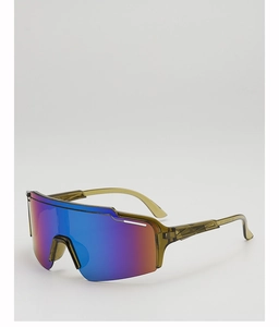 Close-up of kids sports sunglasses with blue-purple mirrored lenses and olive green frame
